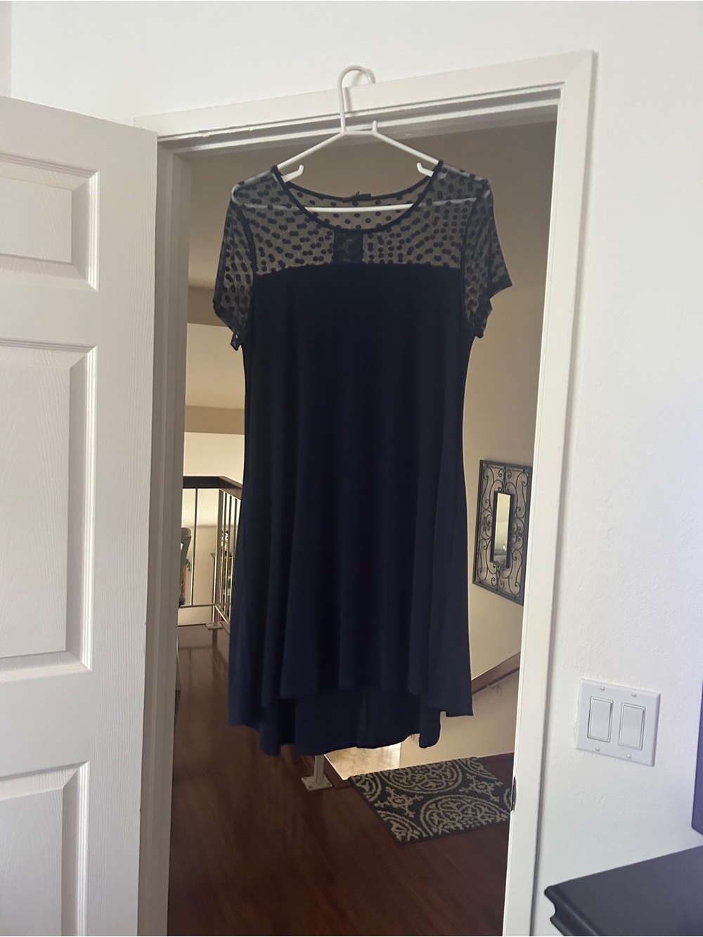 Nina Leonard Navy Dress with Sheer Polka-Dot Yoke